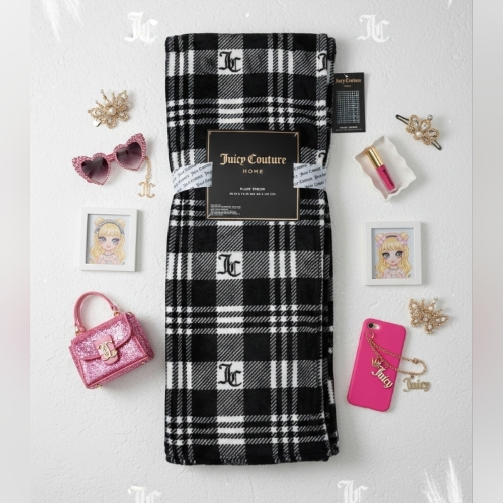 Juicy Couture Black and White Plaid Throw 50 in x 70 in NWT